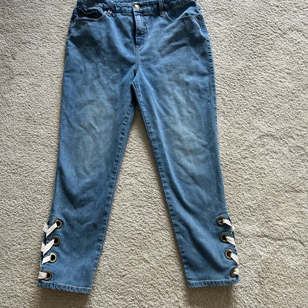 Chico's Blue Ankle Jeans with Lace-Up Accents